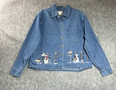Camisa Top Denim Vintage Mujer Grande Azul Bordada Muñecos de Nieve Cottage Teacher Foto 1 de 4