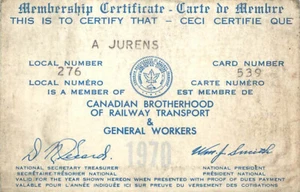 CANADIAN BROTHERHOOD OF RAILWAY EMPLOYEES Membership Card 1970 JURENS UNION - Bild 1 von 2