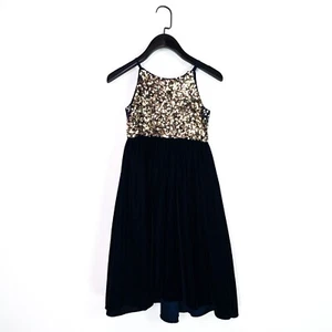 Monsoon Marine Gold Pailletten Velours Knielang Ärmellos A-Linie Kleid-Größe 7Y - Bild 1 von 17