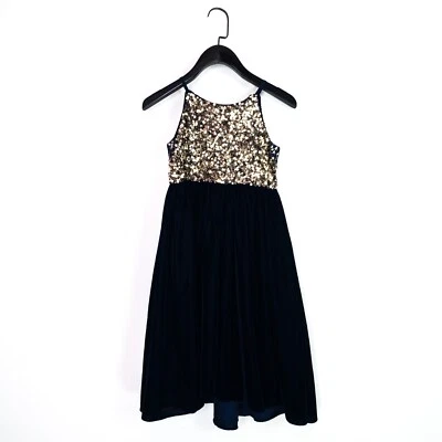 Vestido Monzón Azul Marino Dorado Lentejuelas Terciopelo Hasta la Rodilla Sin Mangas Línea A - Talla 7Y Foto 1 de 4