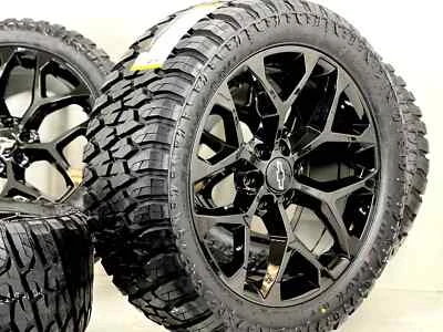 22" SNOWFLAKE WHEELS GLOSS BLACK RIMS 33" RT TIRES CHEVY GMC TAHOE SIERRA YUKON - Image 1 of 4