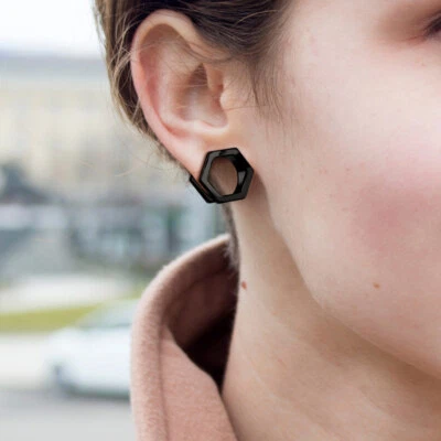 Plug Tunnel Ecarteur d'Oreille en Acier Chirurgical Noir - Forme Hexagone Evasé