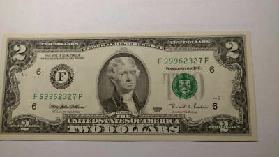 Fr-1936 1995 $2 Federal Reserve Note Uncirculated Bill Triple Nine F 99962327 F - Image 1 of 4