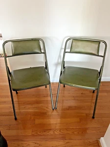 Pair Vintage Cosco Folding Chairs - Avocado Green, Made in Columbus Indiana - Picture 1 of 6