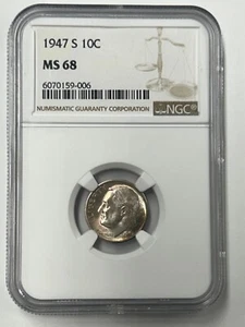 1947 S Roosevelt Dime NGC MS68 Nicely Toned Scarce (NGC Population 18) - Picture 1 of 9
