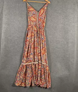 Cienna Dress Womens Medium Red Blue Maxi Silk Flowers Boho Gypsy Flowy Tiered - Picture 1 of 12