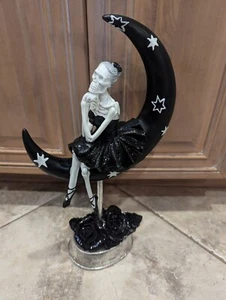 Halloween Skeleton Ballerina On Black Crescent Moon W Stars Black Rose Pedestal - Picture 1 of 5