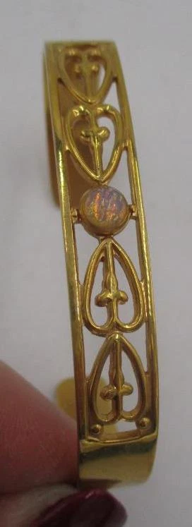 Vtg Avon Glass Opal Gold Tone Cuff Bracelet Hears Crosses Scroll Filigree exclnt - Image 1 of 1