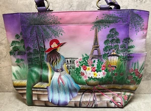 Anuschka Mädchen mit Fahrrad & Eiffelturm handbemalt Leder Beuteltasche Tasche Handtasche - Bild 1 von 5