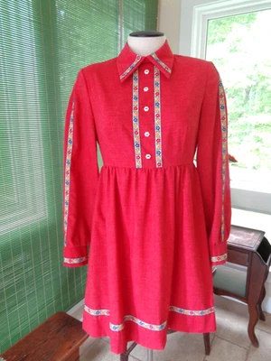 Vtg Denise Are Here 1970's Mod Dress Boho Hippie Sz 11/12 Med Daisy Trim Red - Image 1 of 4