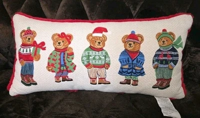 NEW Ralph Lauren Polo Bear Inspired Holiday Pillow Embroidered Teddy Bears 27x13 - Image 1 of 4