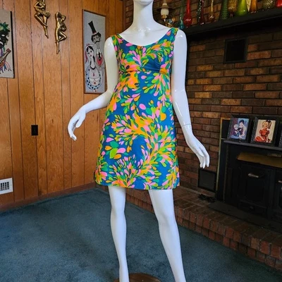 Vintage 60s Mod Go Go Psychedelic Neon Micro Mini Groovy Bra Sundress Dress S/M - Image 1 of 4