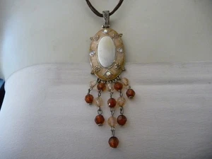 PENDANT GOLD TONE W WHITE STONE PENDANT W DANGLE BEADS CORD CHAIN NECKLACE #8/30 - Picture 1 of 5