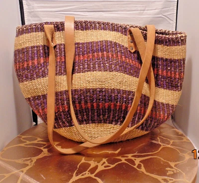 Bolso de Mano Vintage Mercado de Sisal Yute Tejido Bolso Cubo Correas de Cuero Foto 1 de 4