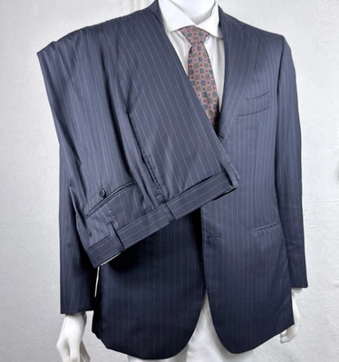 Traje Cesare Attolini Azul Marino Azul Claro Rayas Mezcla de Lana Seda Talla 53IT 43US NUEVO SIN ETIQUETAS Foto 1 de 4