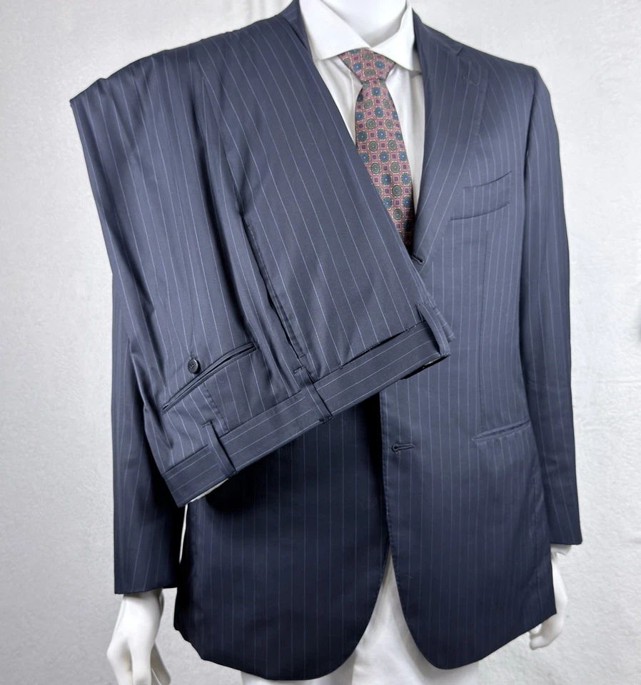 Traje Cesare Attolini Azul Marino Azul Claro Rayas Mezcla de Lana Seda Talla 53IT 43US NUEVO SIN ETIQUETAS Foto 1 de 4