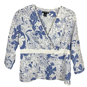 Saint Tropez West Linen Tunic Top Size 1X Blue White Floral Lace Trim Tropical - Picture 1 of 10