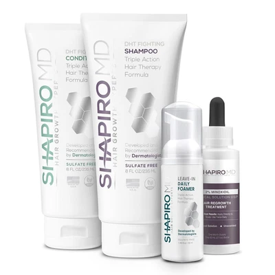 Kit de rebrote para mujer Plus: champú, acondicionador, 2% minoxidil, espuma sin enjuague. Foto 1 de 4