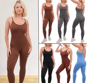 Women's Seamless Ribbed Tummy Control Spaghetti Strap Jumpsuit Yoga Romper - Picture 1 of 26
