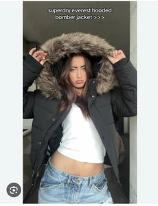 superdry Everest hooded bomber puffer jacket Large NWOT Fur trim hood - Picture 1 of 8