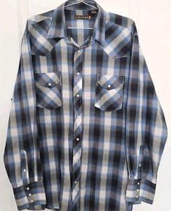 ROPER Pearl Snap Long Sleeve Shirt Plaid Blue Check Western Rockabilly Sz XL - Picture 1 of 5