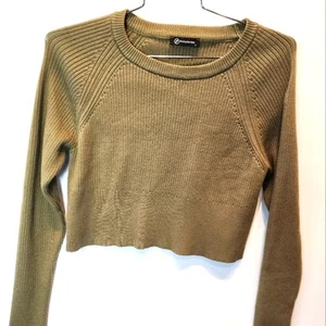 New Crewneck Ribbed Crop Top Sweater Knit Long Sleeve Top Green Size L - Picture 1 of 7