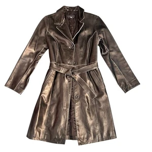 Blue Sand Italian Leather Black Belted Distressed Trench Coat Sz 10k - Picture 1 of 8