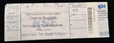 NBA Ticket Stub Denver Nuggets Vs Minnesota Timberwolves Pepsi Center 12/10/2008 - Image 1 of 2