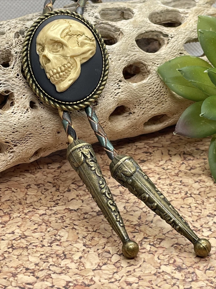 Sugar Skull Cameo Wedding Bolo Necklace Lariat Tie Gothic GIFT HALLOWEEN Bronze - Image 1 of 4