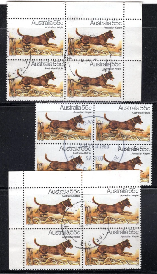 1980 AUSTRALIA 55c AUSTRALIAN KELPIE DOG 3 Blocks of 4 Used - Image 1 of 1