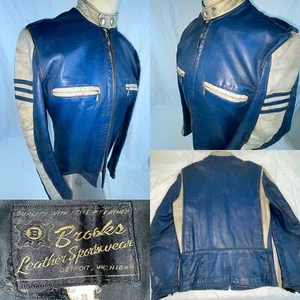 VTG 70S SM BROOKS BLUE WHITE TUTONE LEATHER MOTORCYCLE BIKER CAFE RACER JACKET - Picture 1 of 22