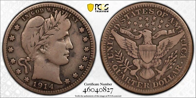 1914-S Barber Silver Quarter 25C PCGS FINE 12 F12 F 12 RARE KEY DATE - Image 1 of 3