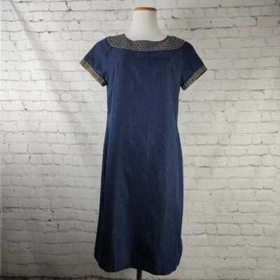 Dana Buchman Blue Chambray Dress Gold Embroidery Print 8  100% Cotton  - Image 1 of 4