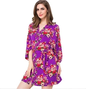 Short Burgundy Cotton Floral Kimono Robe Pattern Pajamas Sleepwear Bathrobe "M" - Picture 1 of 5