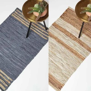 Handmade Stripe Design Recycled Eco Friendly Real Leather Rug and Runner - Picture 1 of 17