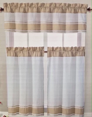 Tatiana Ivory White Tan Striped Border Kitchen Curtain Set Two Tiers One Valance - Image 1 of 3