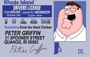 Peter Griffin,Family Guy Drivers License 3.4” X 2.2” Laminated ID Card. - Picture 1 of 2
