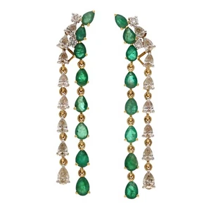 1.92 CT Natural Diamond Adorn With 2 Ct Emerald Dangle Earrings - Picture 1 of 6