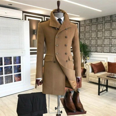 Men Wool Blend Pea Coat Long Double-breasted Overcoat Winter Thick Warm Jacket  - Image 1 of 4