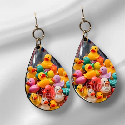 Colorful Rubber Duckies Duck Earrings NO TARNISH Wood Dangle Teardrop Jewelry - Image 1 of 4