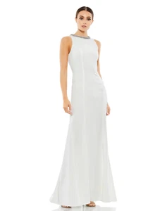 Ieena by Mac Duggal Gown Sz 10 – White Trumpet Dress w/ Beaded Neckline NWT - Picture 1 of 8
