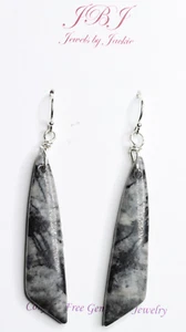Zebra Jasper Free Form Geometric Gray Gemstone 925 Sterling Silver Earrings - Picture 1 of 3