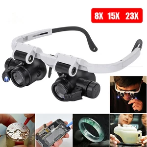 2 LED 8X 15X 23X Adjustable Lens Jewelry Watch Repair Magnifier Head Eye Loupe - Picture 1 of 12