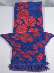 VTG Cannon Monticello Floral Towel & Washcloth Set Blue w/Red Roses Made In USA  - Picture 1 of 10