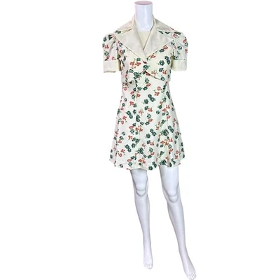 Vintage Dress Womens XS/S Ivory Floral 60s 70s Mod 2 Piece A-Line Crop Jacket - Image 1 of 4
