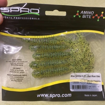 SPRO Wave Tail Grub 4.25” Chartreuse Black Flake 5 count pack - Image 1 of 4