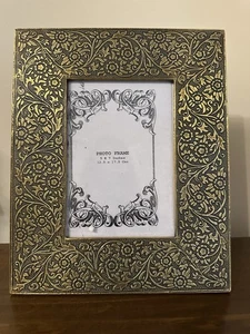 Brass Metal Sheet Embossed Wooden Photo Frame, Hand Crafted, Photo size 5"x7" - Picture 1 of 2