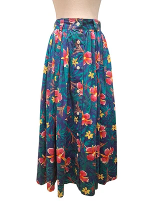 Falda De Colección Náutica Tropical Hibisco Floral Algodón Botón Frontal Midi Talla 8 Foto 1 de 4