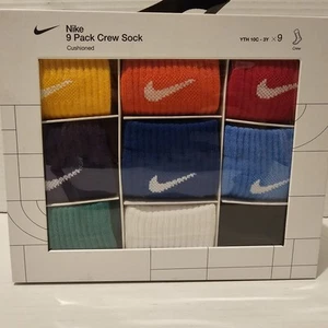 Nike 9 Pack Crew Socks Cushioned Youth Kids 10c-3y XS - Picture 1 of 4