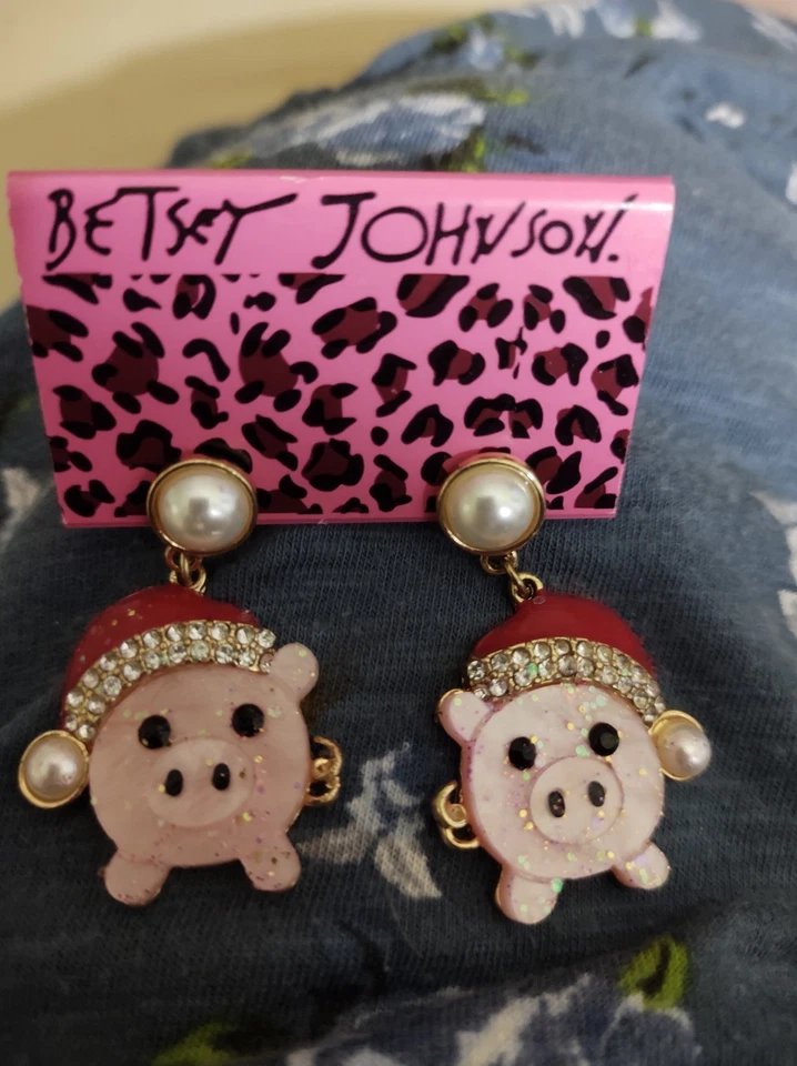 Betsey Johnson Santa Piggy Rhinestone Earrings - Image 1 of 2